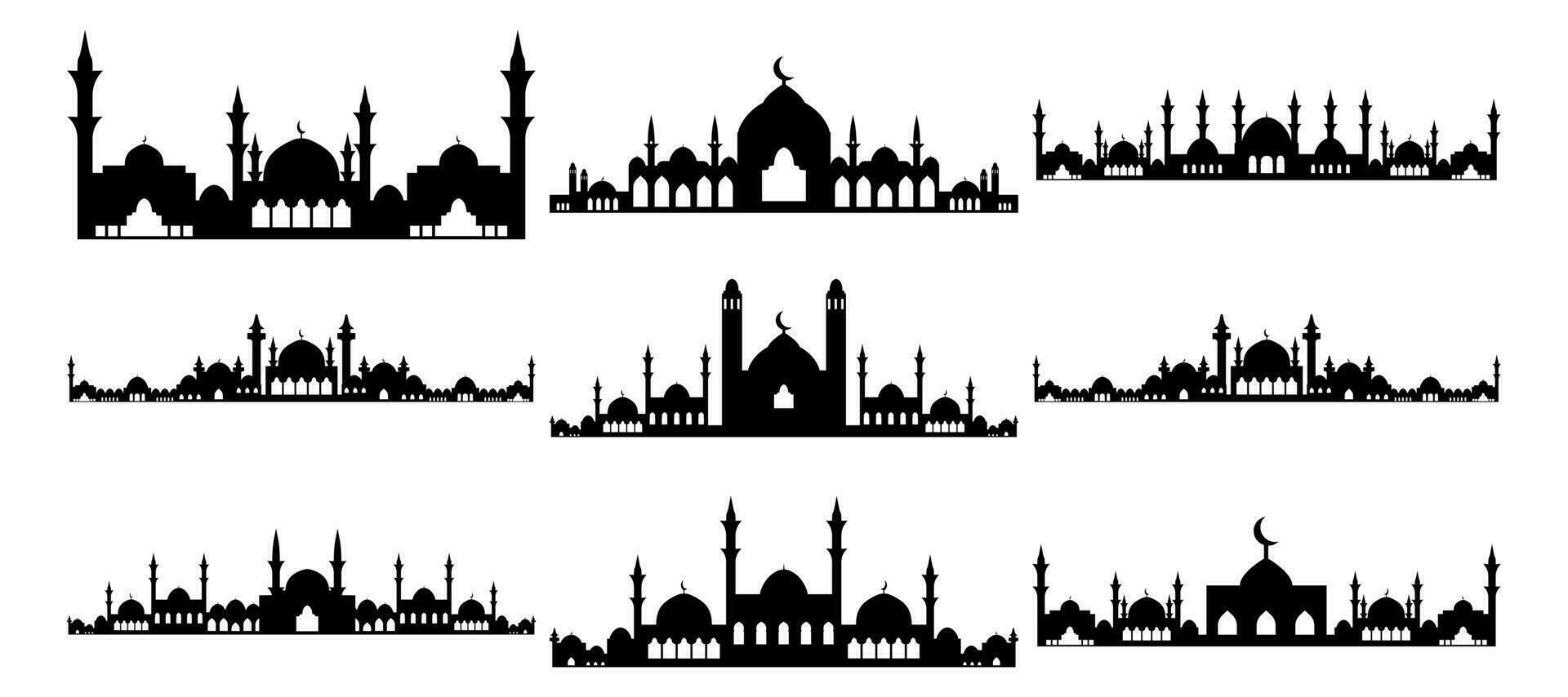 Set of mosque silhouettes. Isolated on white background. Vector illustration.