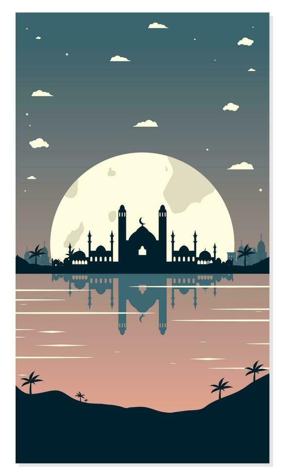 Mosque Silhouettes with Urban Buildings and Sunset Background vector