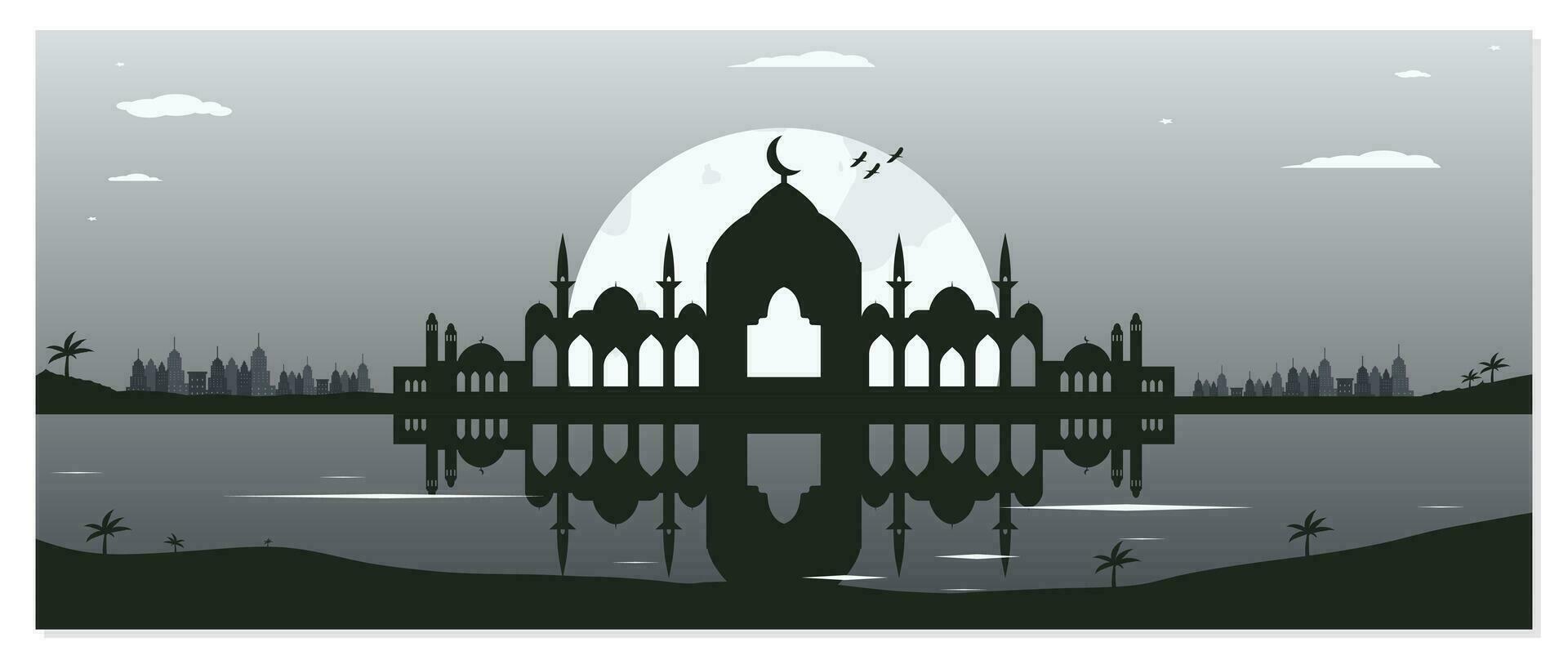 Mosque Silhouette Backgrounds with Urban Buildings and Full Moon in the Background vector