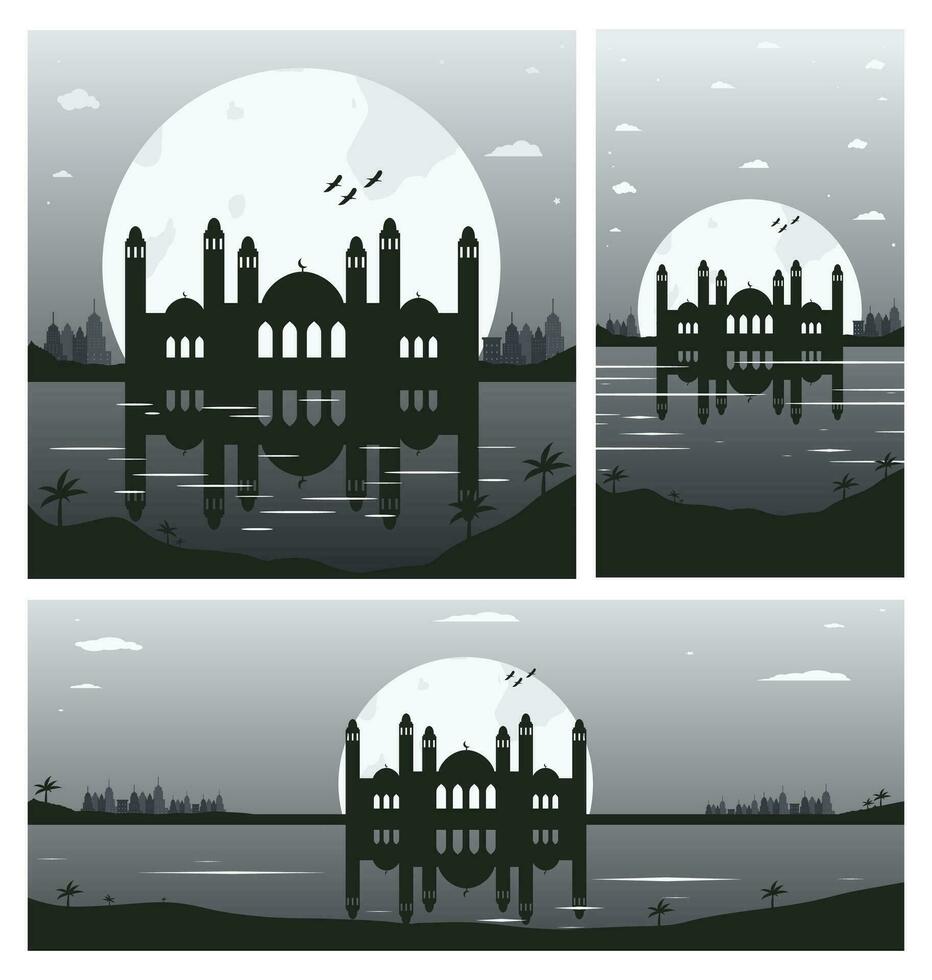 Collection of Mosque Silhouette Backgrounds with Urban Buildings and Full Moon in the Background vector