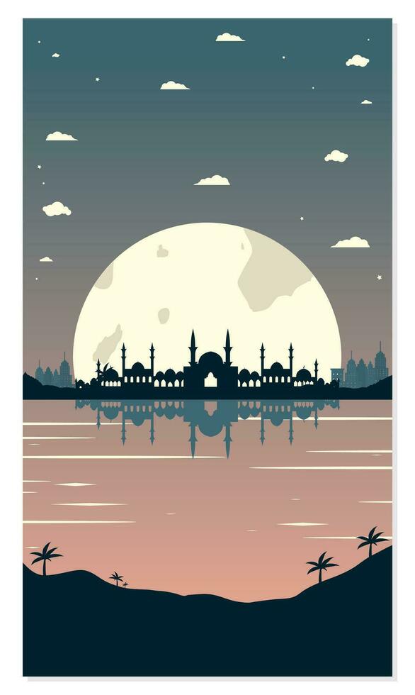 Mosque Silhouettes with Urban Buildings and Sunset Background vector