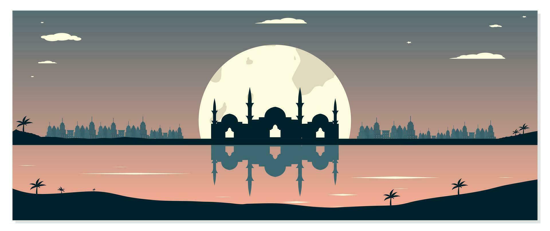 Mosque Silhouettes with Urban Buildings and Sunset Background vector