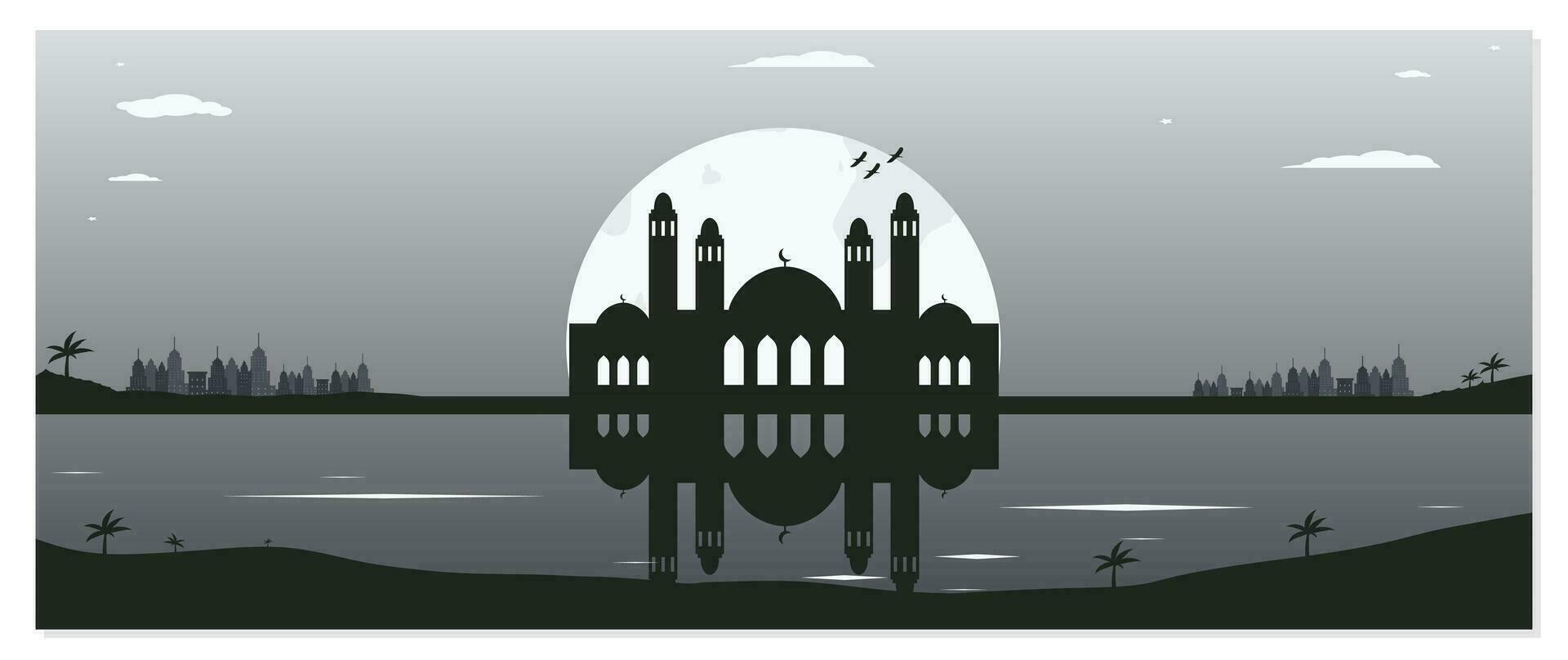 Mosque Silhouette Backgrounds with Urban Buildings and Full Moon in the Background vector