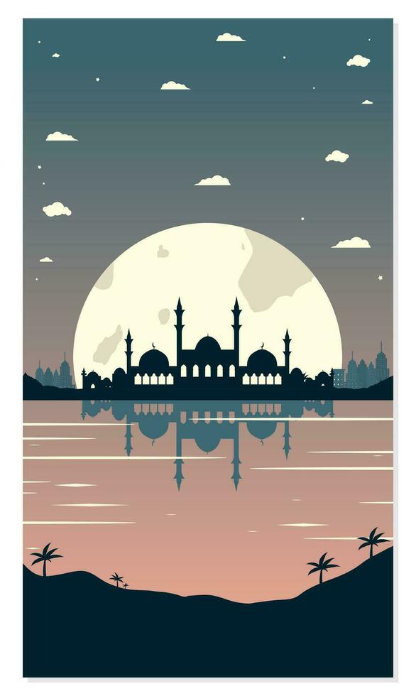 Mosque Silhouettes with Urban Buildings and Sunset Background vector