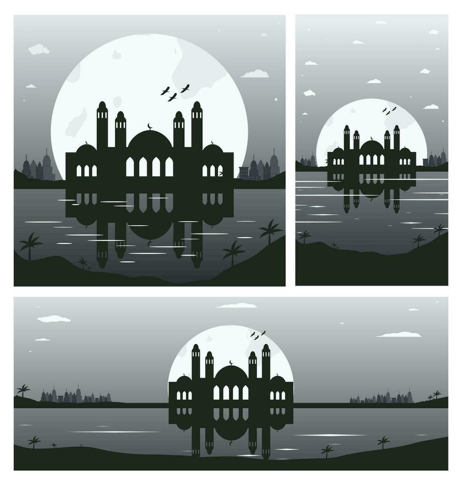 Collection of Mosque Silhouette Backgrounds with Urban Buildings and Full Moon in the Background vector