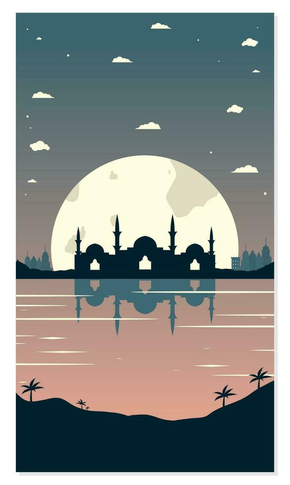 Mosque Silhouettes with Urban Buildings and Sunset Background vector