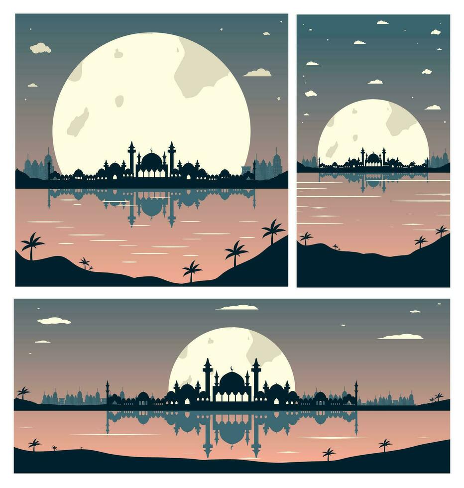 Collection of Mosque Silhouettes with Urban Buildings and Sunset Background vector