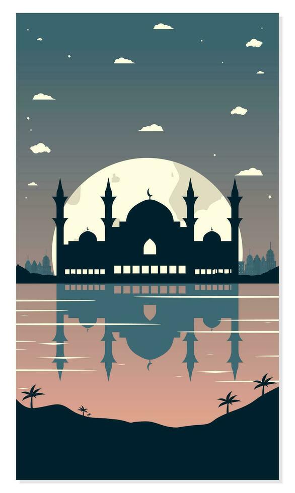 Mosque Silhouettes with Urban Buildings and Sunset Background vector