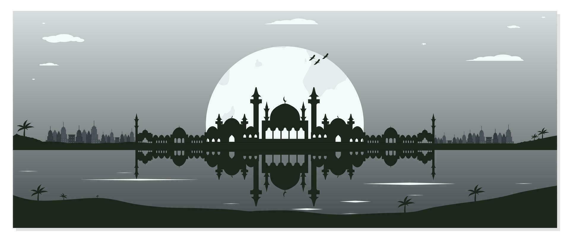 Mosque Silhouette Backgrounds with Urban Buildings and Full Moon in the Background vector