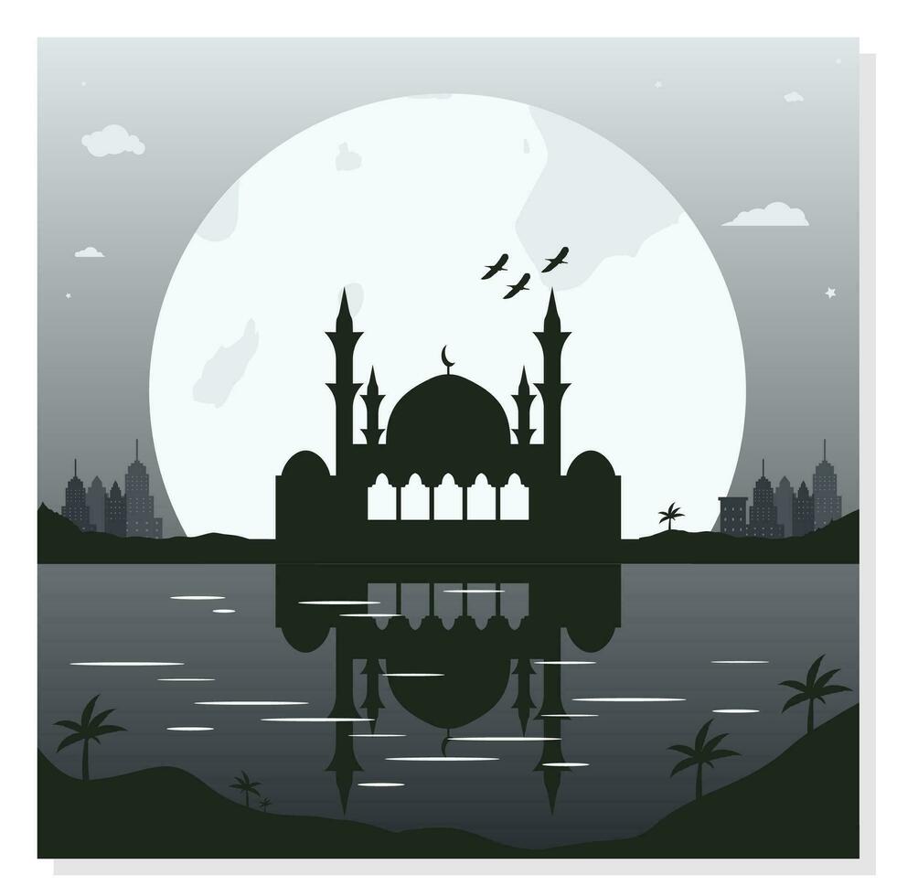 Mosque Silhouette Backgrounds with Urban Buildings and Full Moon in the Background vector