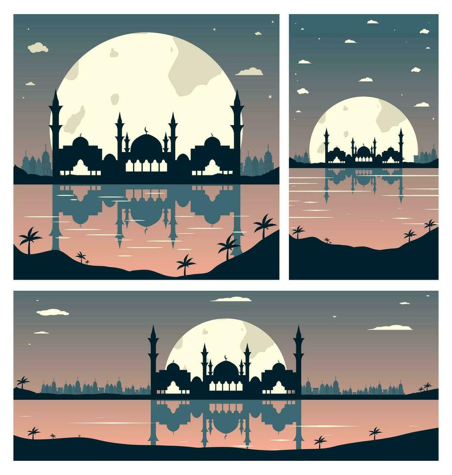 Collection of Mosque Silhouettes with Urban Buildings and Sunset Background vector