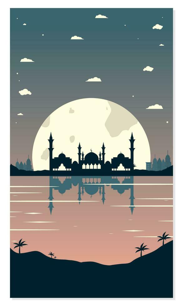 Mosque Silhouettes with Urban Buildings and Sunset Background vector