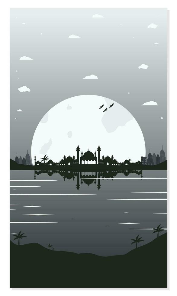 Mosque Silhouette Backgrounds with Urban Buildings and Full Moon in the Background vector