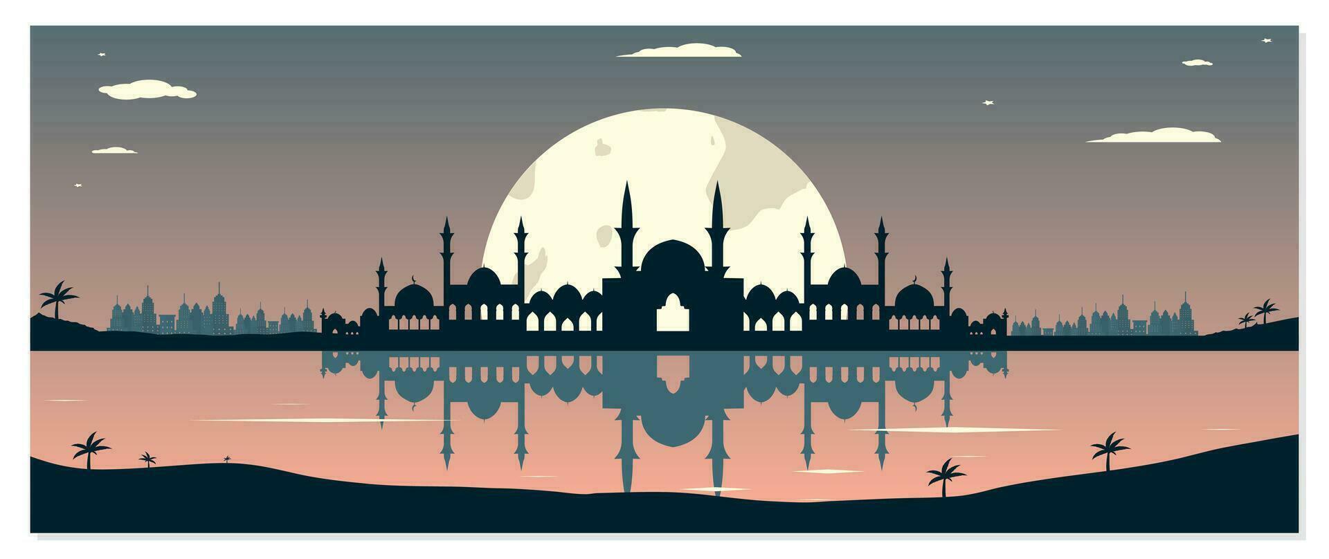 Mosque Silhouettes with Urban Buildings and Sunset Background vector