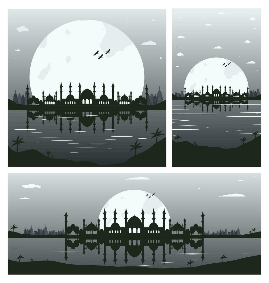Collection of Mosque Silhouette Backgrounds with Urban Buildings and Full Moon in the Background vector