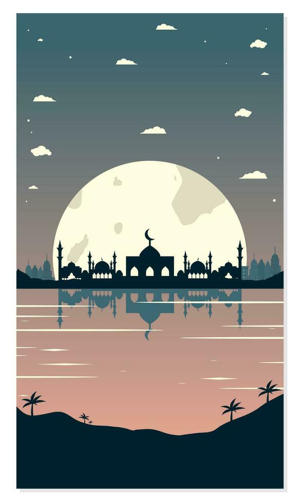 Mosque Silhouettes with Urban Buildings and Sunset Background vector