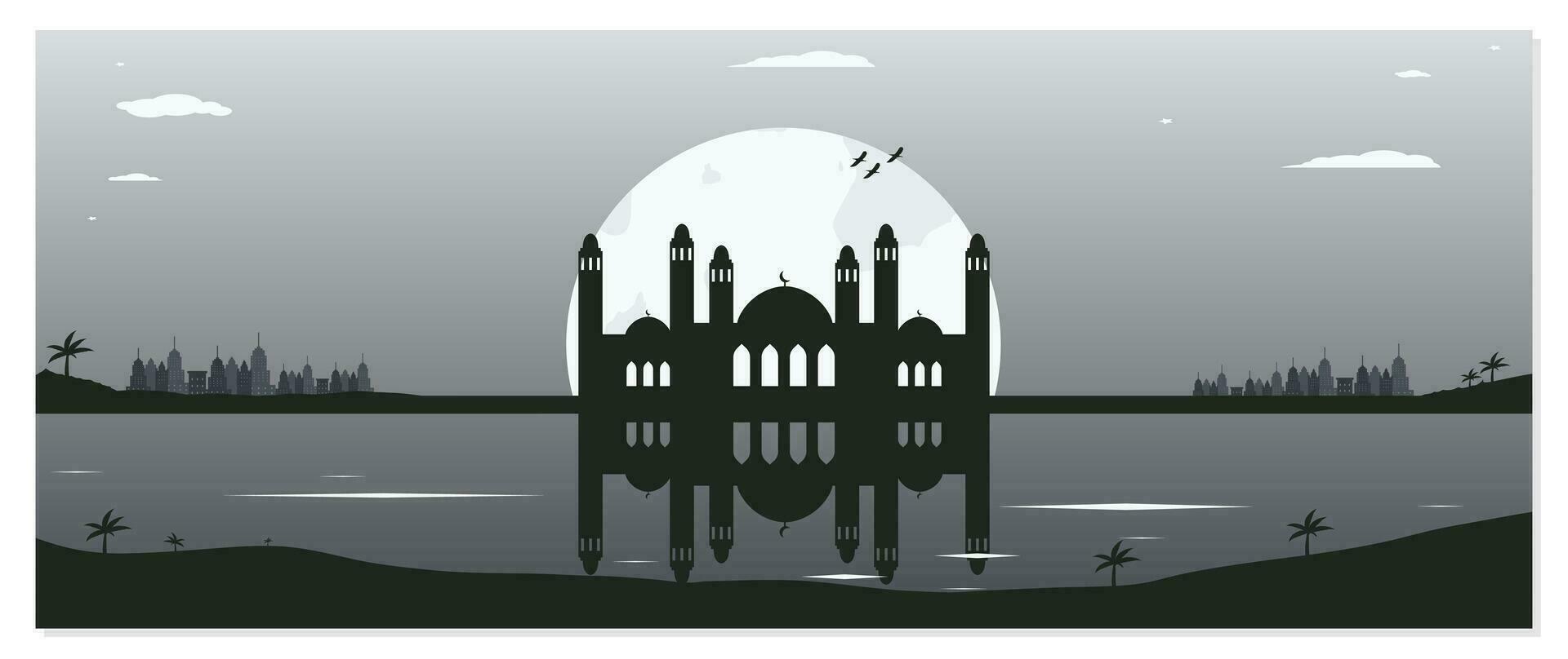 Mosque Silhouette Backgrounds with Urban Buildings and Full Moon in the Background vector