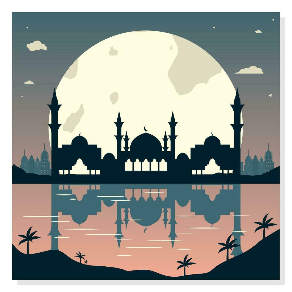 Mosque Silhouettes with Urban Buildings and Sunset Background vector