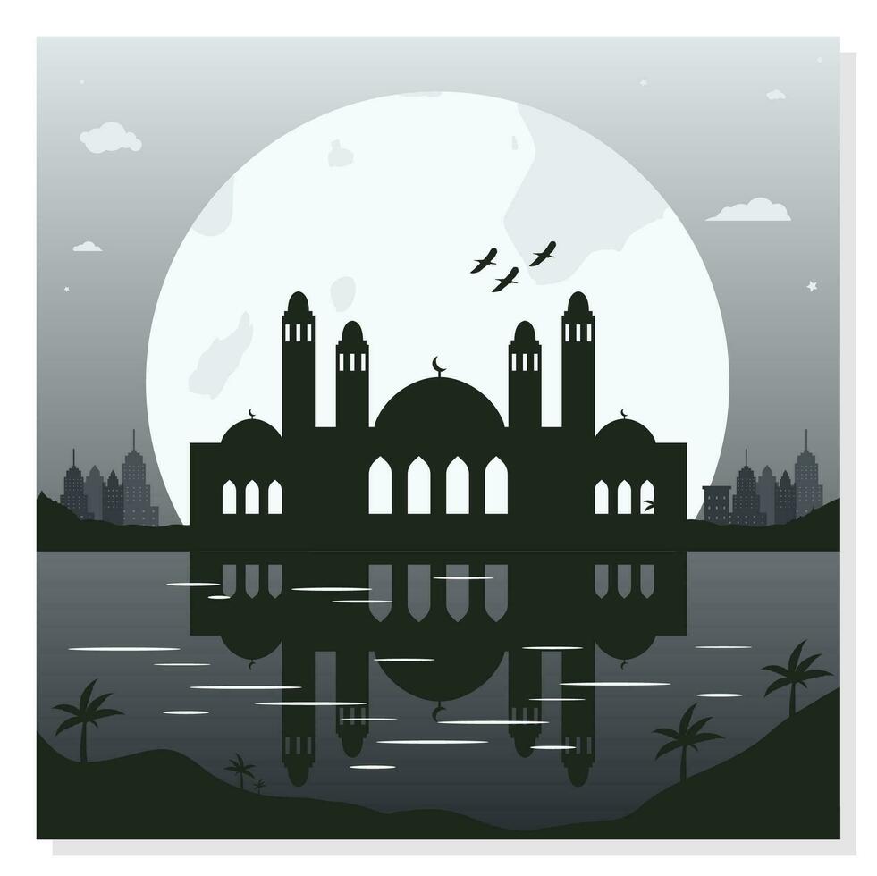 Mosque Silhouette Backgrounds with Urban Buildings and Full Moon in the Background vector