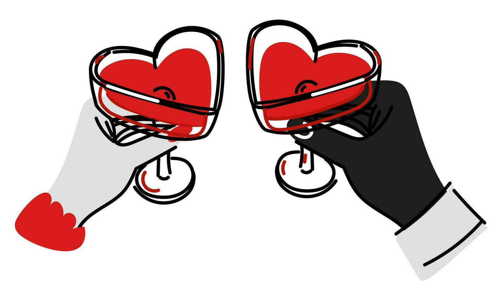 A pair of hands with heart-shaped glasses, top view. Wine lovers, the concept of a wine festival, a date. Flat vector illustration of a couple in love holding glasses in their hand. print design