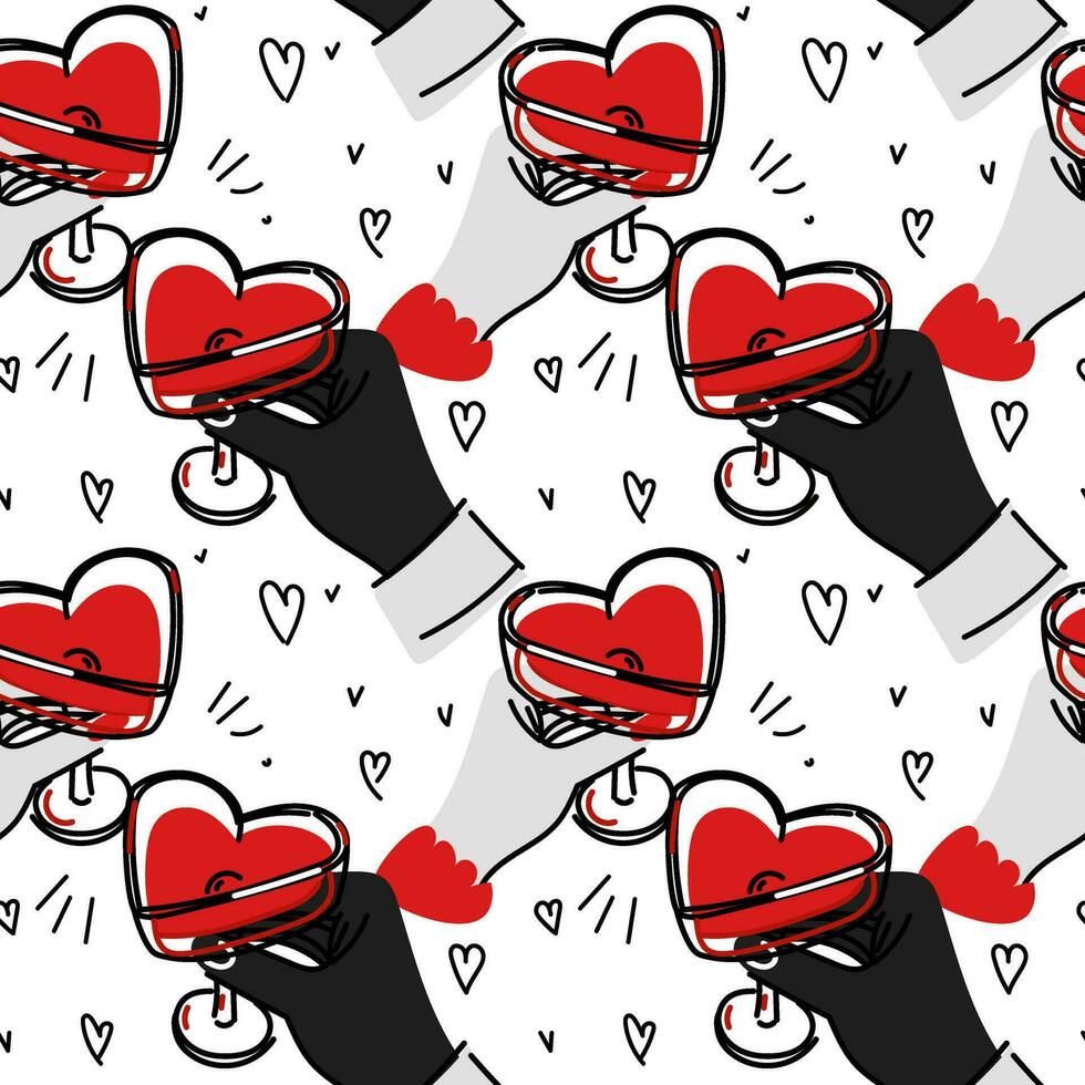 Pattern of male and female hands with glasses in the shape of a heart. Couple, lovers. Seamless pattern with a pair of wedding champagne glasses. Valentine's Day, romantic date on a white background vector