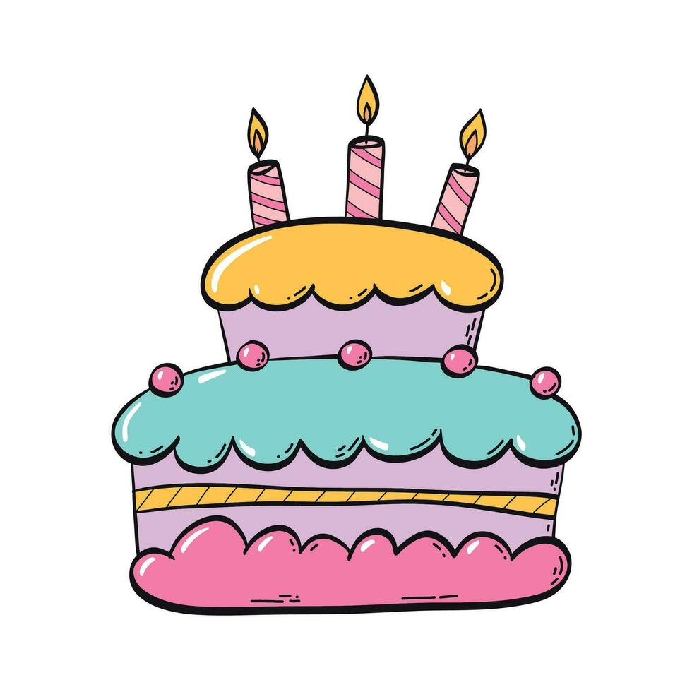 Cute cartoon birthday cake with 3 candles for nursery posters, greeting cards, prints, stickers, sublimation, banners, invitations, etc, EPS 10 vector