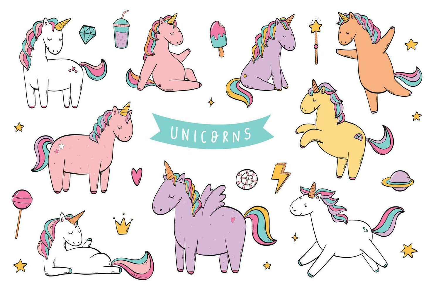 Unicorns collection, clip art, cartoon elements for stickers, prints, cards, nursery decor, kids apparel, sublimation. Unicorn and party doodles. EPS 10 vector