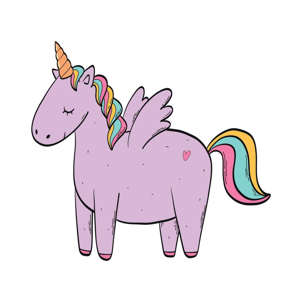 cute hand drawn unicorn with wings for posters, prints, cards, banners, signs, stickers, nursery wall art, kids apparel, etc. EPS 10 vector