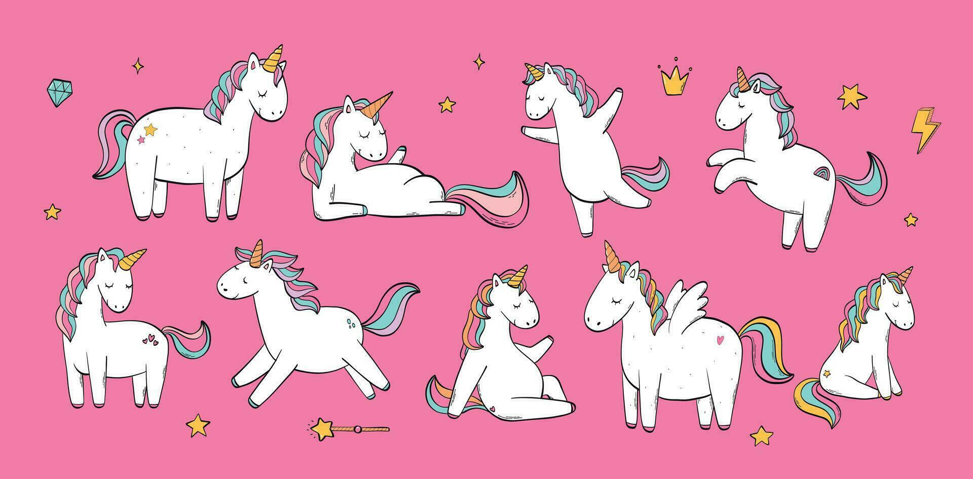 Unicorns collection, clip art, cartoon elements set for prints, nursery posters, cards, sublimation, stickers, signs, etc. EPS 10 vector