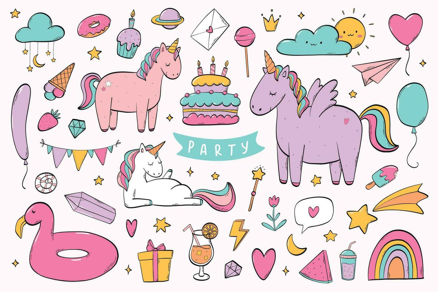 Set of cute hand drawn nursery and party doodles with cakes and unicorns isolated on white background for stickers, prints, cards and posters decor, sublimation, wallpaper, etc. EPS 10 vector