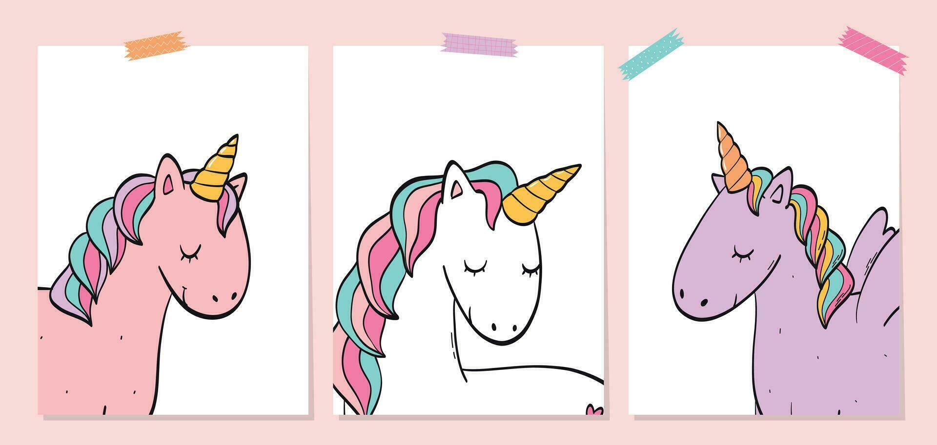 set of unicorn nursery posters, banners, cards, prints with cute hand drawing unicorns on white background. Good for kids apparel, sublimation, mugs, templates, birthday cards. EPS 10 vector