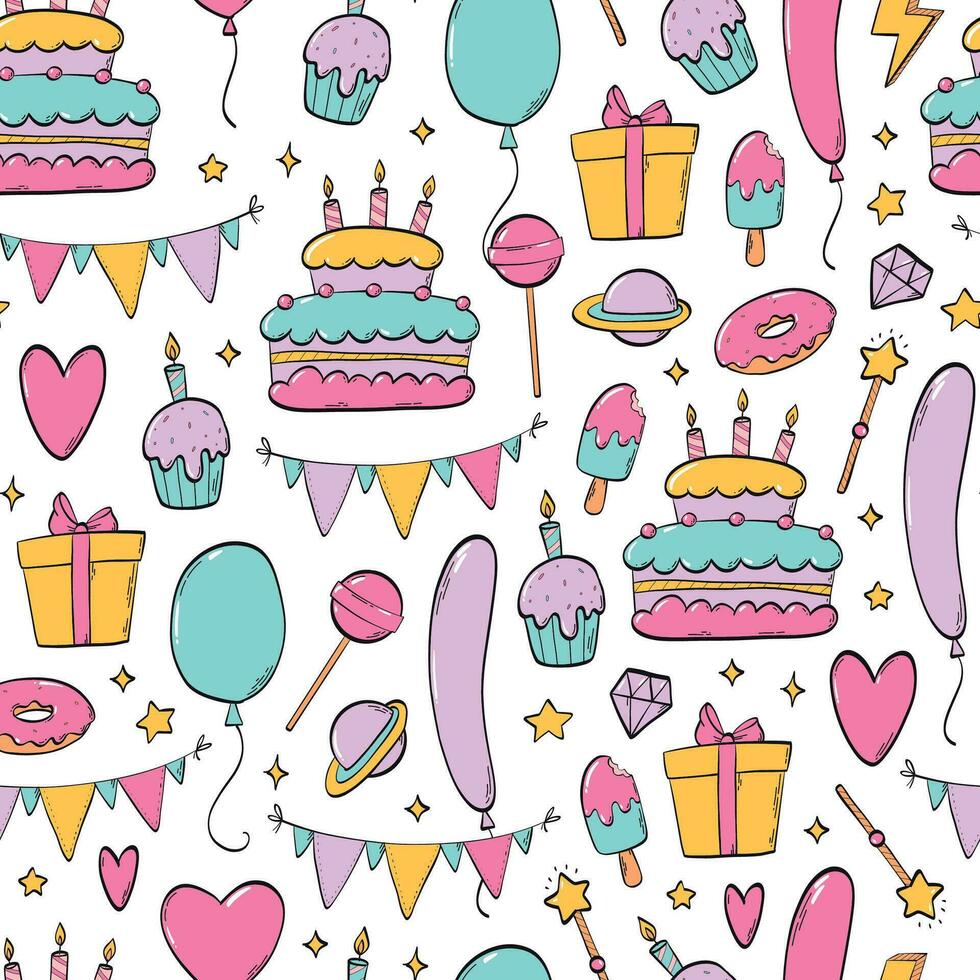 cumpleaños sin costura modelo con garabatos en blanco antecedentes para textil huellas dactilares, mesa paño, fondo de pantalla, envase papel, álbum de recortes, estacionario, regalo envoltura, etc. eps 10 vector