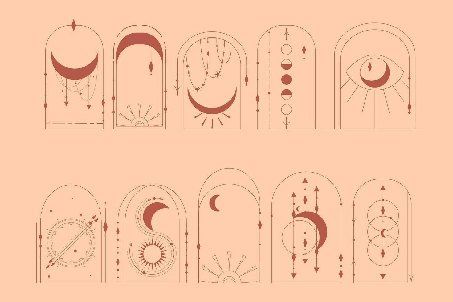 Bohemian Arch terracotta set Esoteric design. Celestial Frame line with moon and star. Minimal Celestial geometry Frame. Boho vector illustration. Esoteric magic elements.