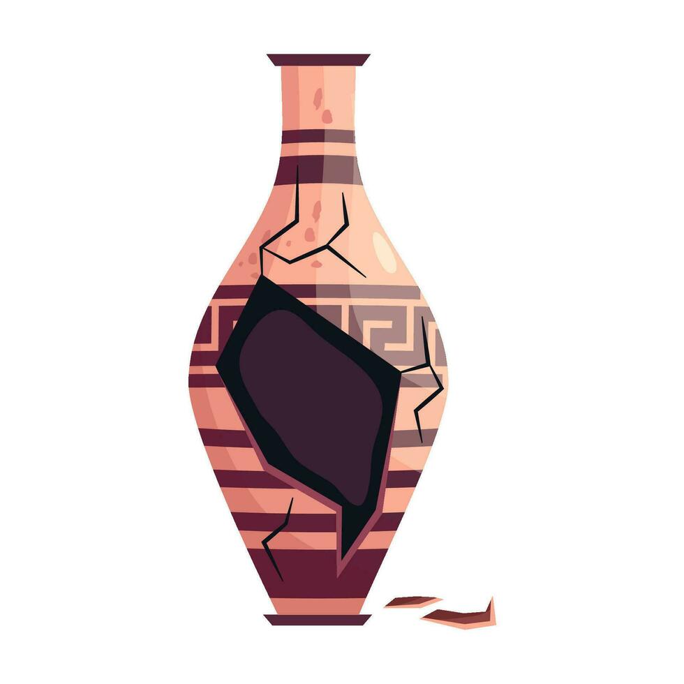 Greek broken vase ancient jar isolated. Ceramic broken vase with greek symbol. Cartoon vector illustration. Pottery jar earthenware antique design.