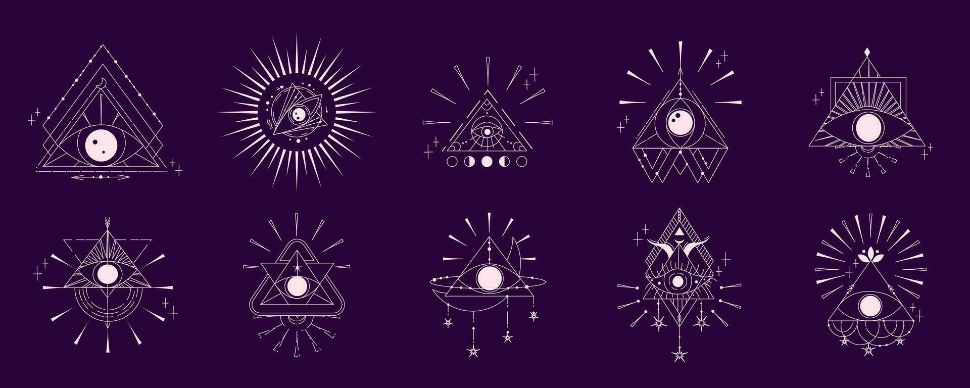 esotérico pirámide conjunto con ojo aislado. oculto místico triángulo con Dom y estrella. geométrico esotérico símbolo. vector ilustración diseño dibujado en líneas. místico ojo en triángulo