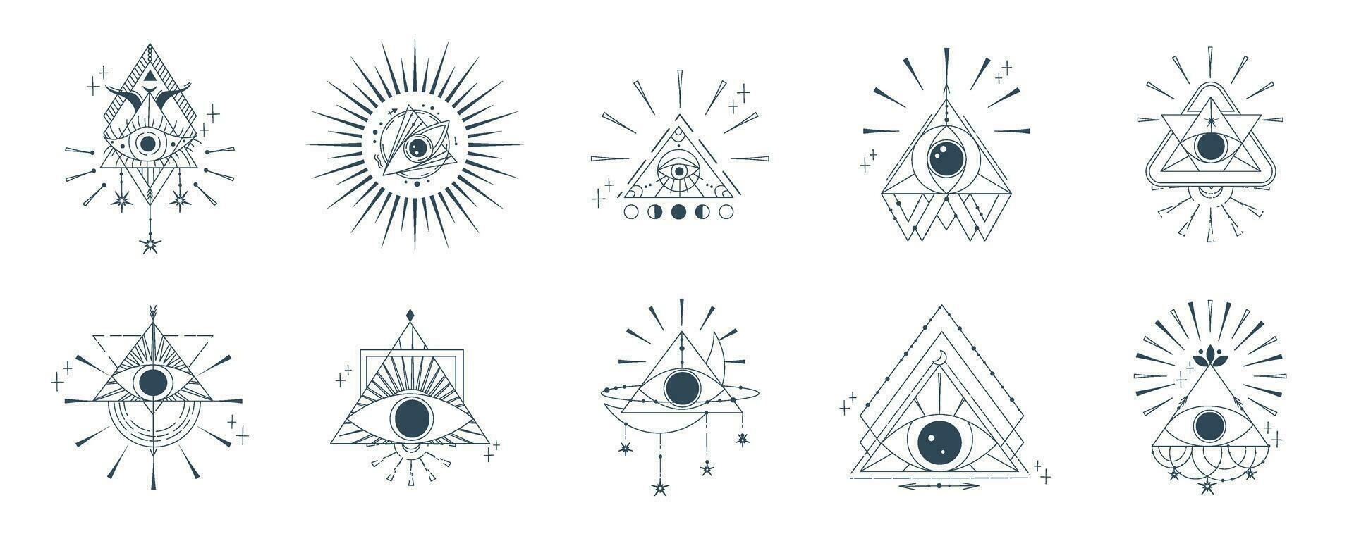 Esoteric pyramid set with eye isolated. Occult mystic triangle with sun and star. Geometric esoteric symbol. Vector illustration design drawn in lines. Mystic eye in triangle