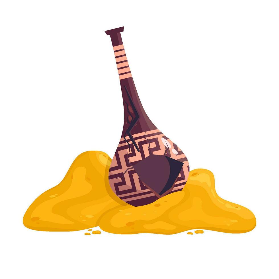 Greek broken vase in sand pile ancient jar isolated. Ceramic broken vase with greek symbol. Cartoon vector illustration. Pottery jar earthenware antique design.