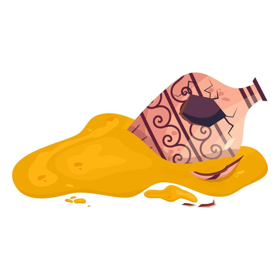 griego roto florero en arena pila antiguo tarro aislado. cerámico roto florero con griego símbolo. dibujos animados vector ilustración. cerámica tarro loza de barro antiguo diseño.