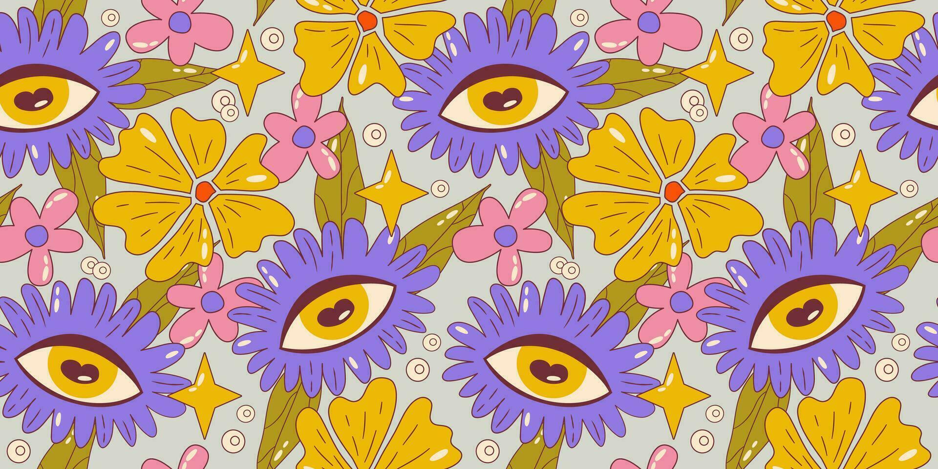 Trippy groovy flower seamless pattern. Retro groovy floral pattern with daisy and eye. Psychedelic cartoon design. Summer seamless background. Vector illustration