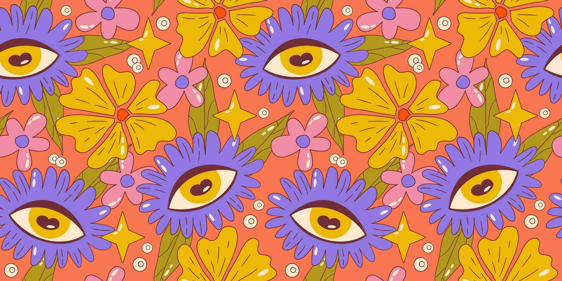 Trippy groovy flower seamless pattern. Retro groovy floral pattern with mushroom and cloud. Psychedelic cartoon design. Summer seamless background. Vector illustration