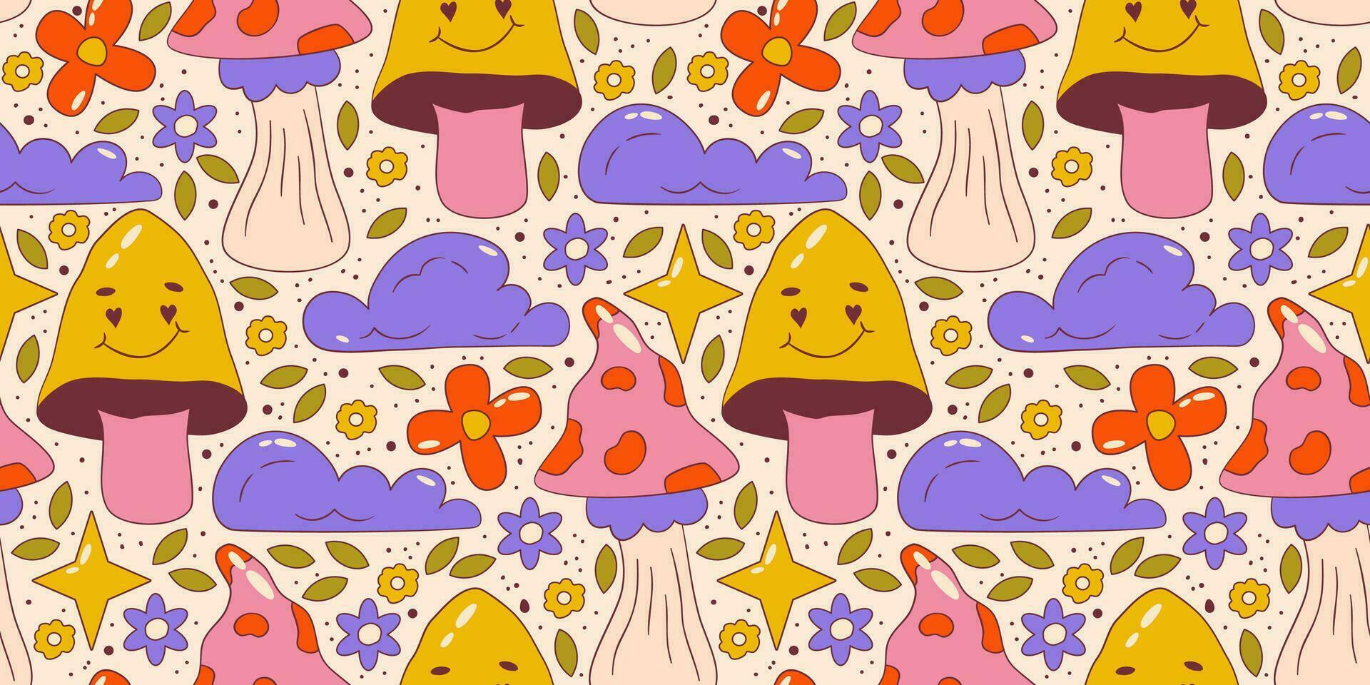 Trippy groovy flower seamless pattern. Retro groovy floral pattern with mushroom and cloud. Psychedelic cartoon design. Summer seamless background. Vector illustration