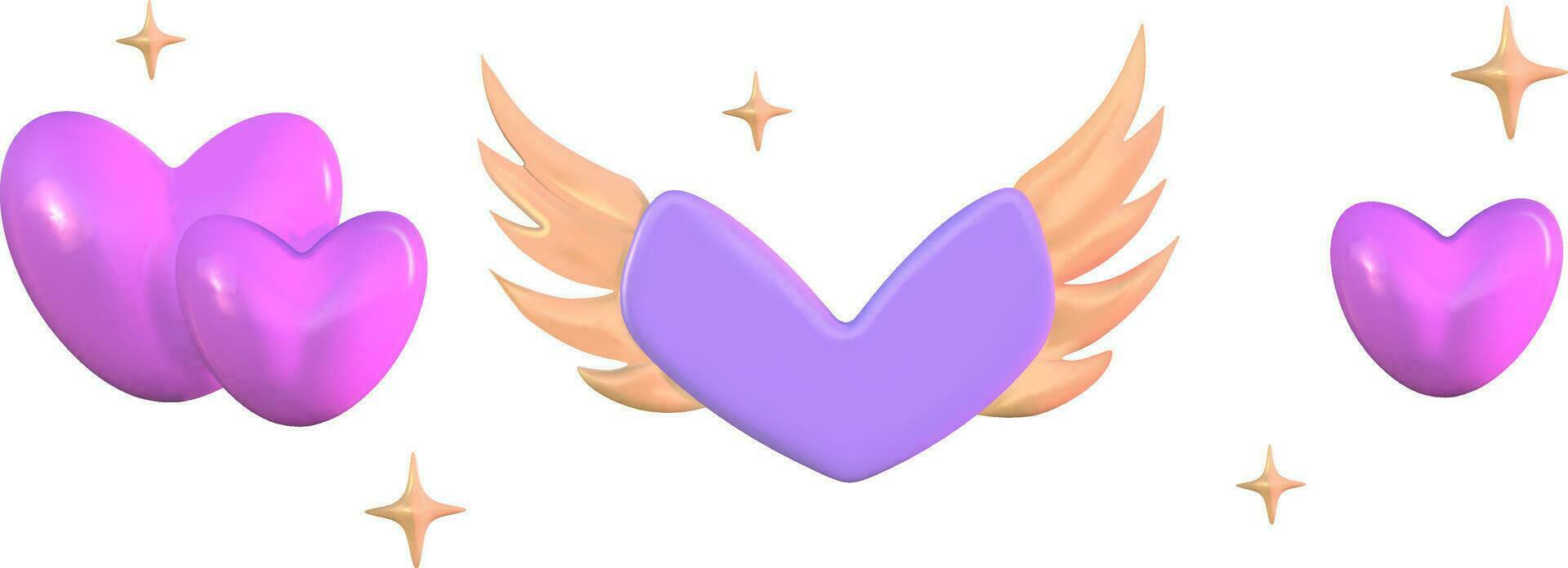 3d cartoon pink heart set for valentines day. Valentine's Day greeting card isolated element. Heart 3d shape romantic holiday. Vector illustration