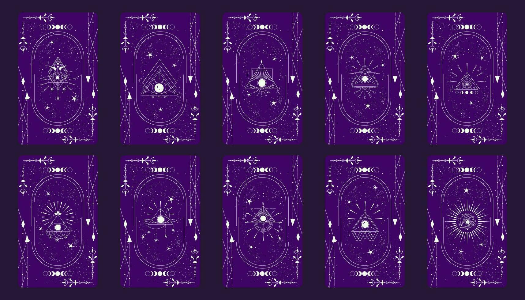 Tarot card set with mystic eye pyramid and celestial border. Boho esoteric tarot card with eye and frame. Vector illustration. Sacred geometry celestial triangle