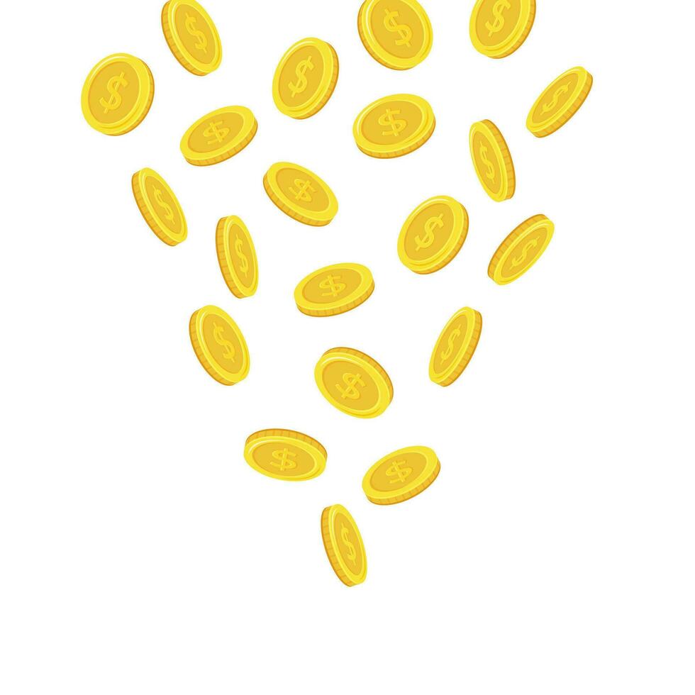 Dollar coins. Falling coins, falling money, flying gold coins, golden rain. vector