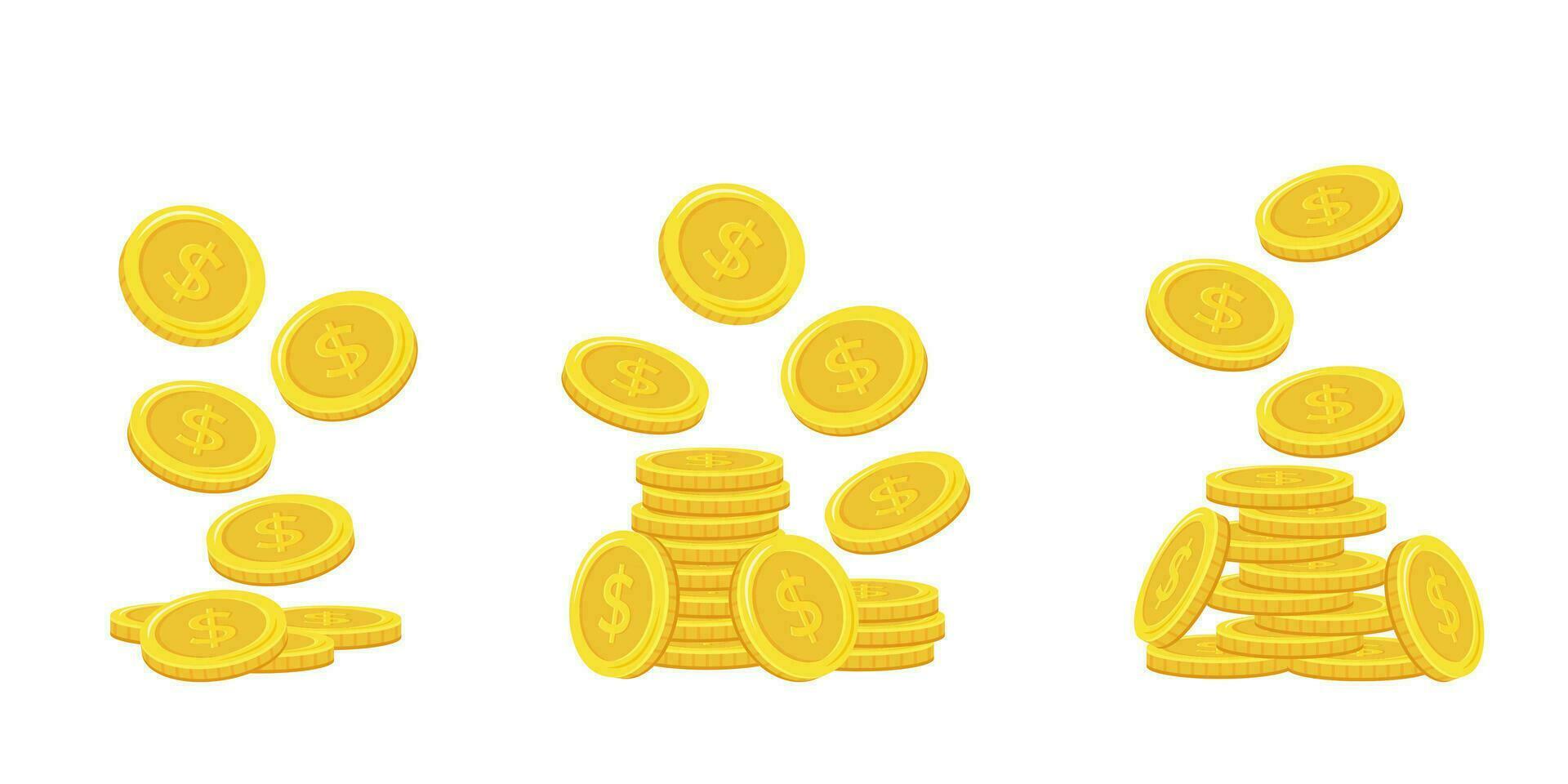 Dollar coins. Stack of flying gold coins. Golden coin pile, money stacks and golds piles isolated vector set