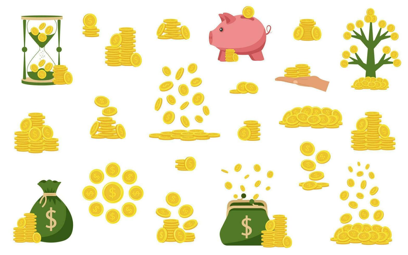 Dollar coins. Stack of gold coins. Golden coin pile, money stacks and golds piles. Falling coins, falling money, flying gold coins. vector