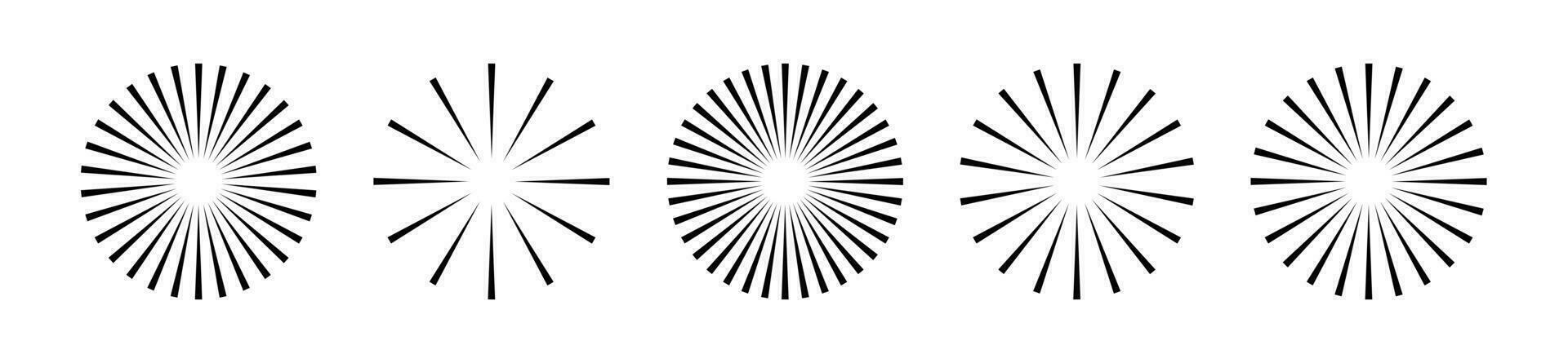 Starburst stripe round set. Ray lines emanate from the center of the circle. Pack of geometric elements. Isolated vector illustration on white background.