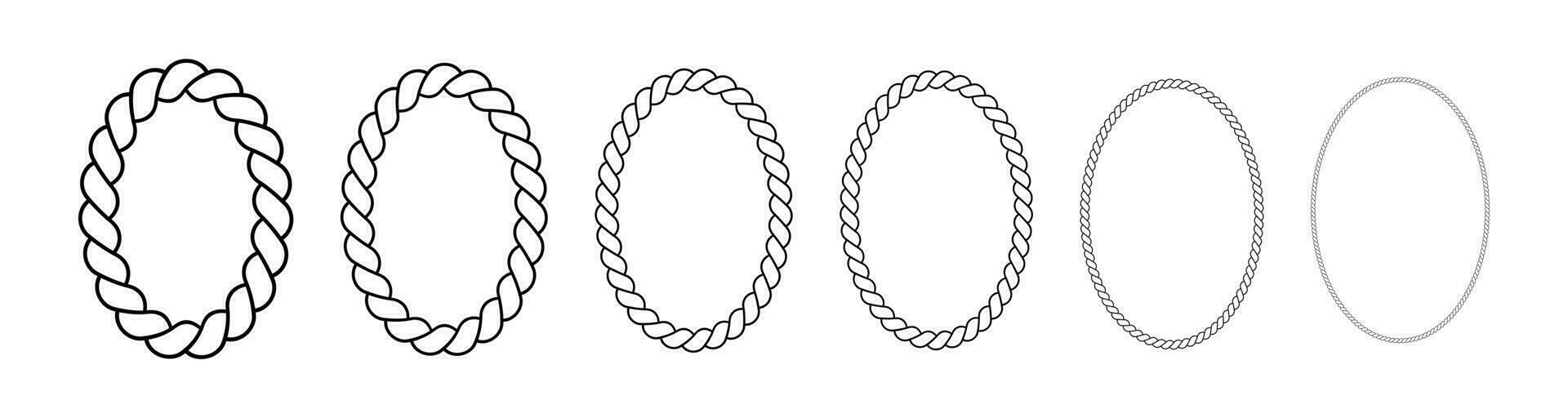 Oval frames made of rope. Ellipse borders made of braided cord. Vector set of thin and thick elements isolated on a white background.