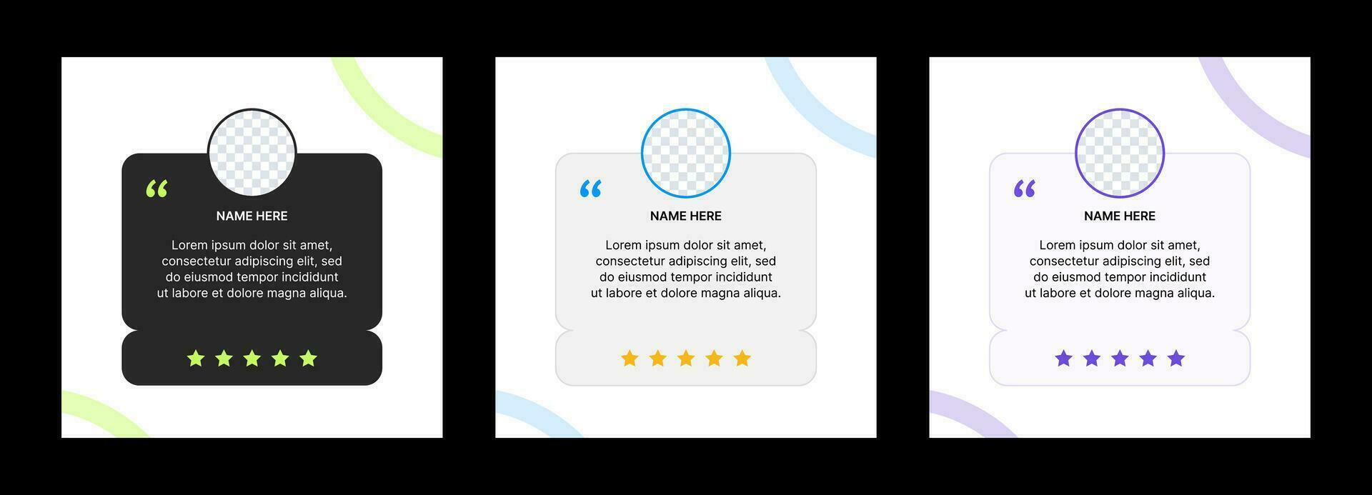 Customer review post template. Client feedback text in a box and rating with stars. Preparation of testimonials for a social media or website. vector