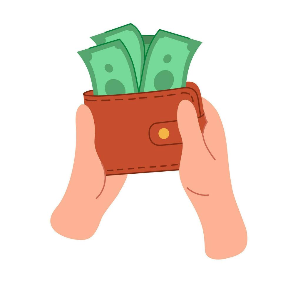 Hands holding a wallet with money. Spend money, pay for purchases. Financial concept hand drawn illustration isolated on white background. vector